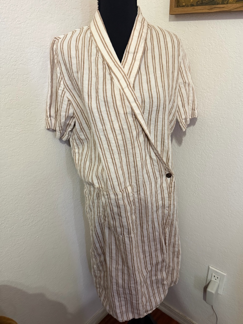 Rita Row Arashi Striped V-Neck Wrap 100% Organic Cotton Dress in Cream & Tab - S - Picture 4 of 12